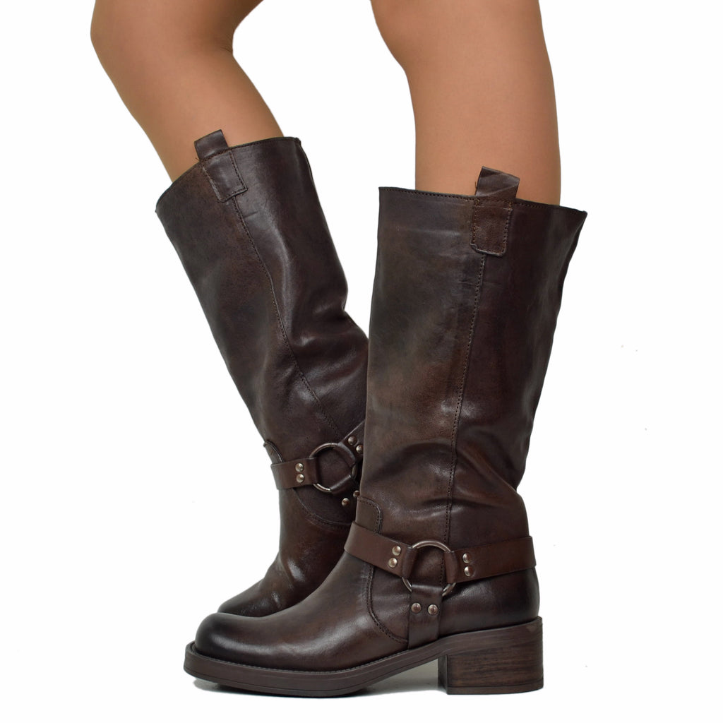 Women's Brown Biker Boots in Vintage Rag Leather with Square Toe
