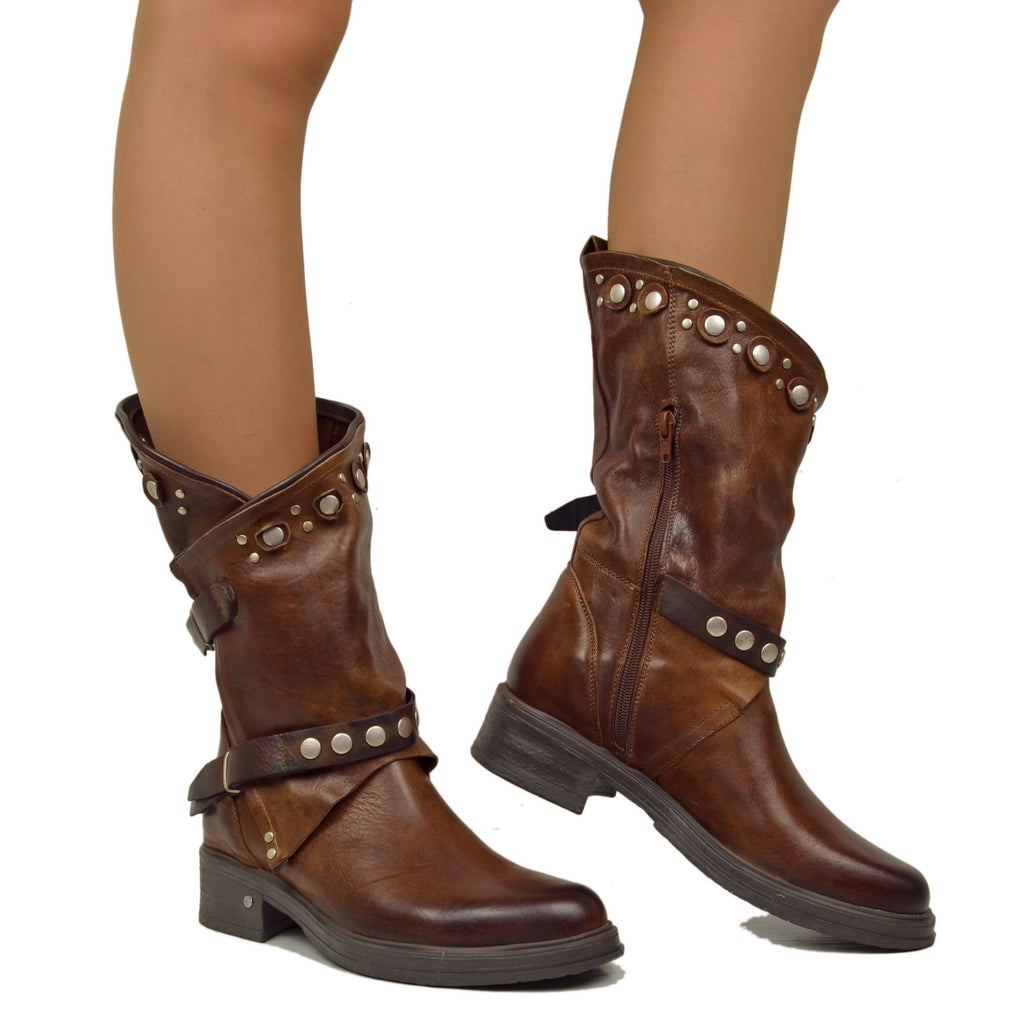 Women's Brown Leather Biker Boots with Studs and Zip Made in Italy - 4