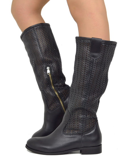 Stivali Donna Estivi in Pelle Traforata Punta Tonda Tacco Basso Neri