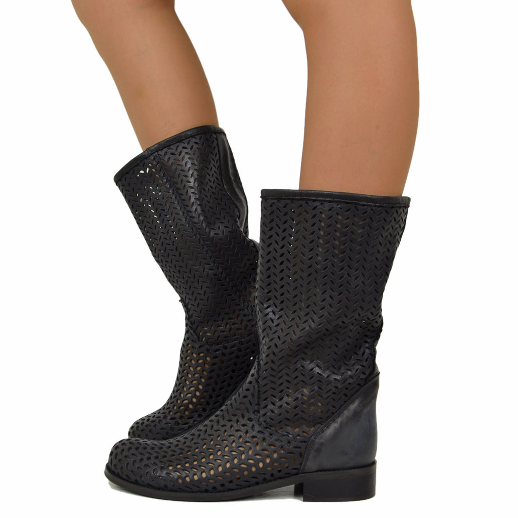 Black Perforated Summer Women's Boots with Low Heel Made in Italy