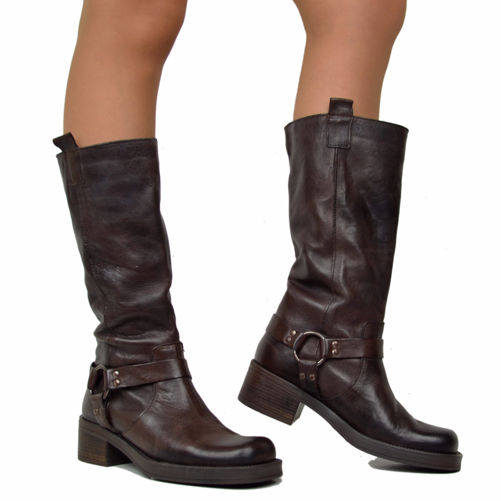 Women's Brown Biker Boots in Vintage Rag Leather with Square Toe - 5