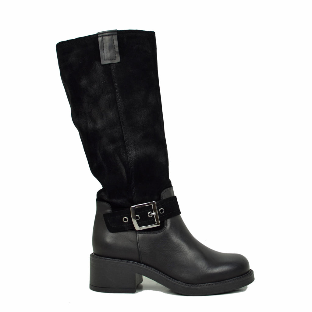 Police Boots Two-Tone Leather and Suede High Biker Sports Boots Wide Heel Black - 2