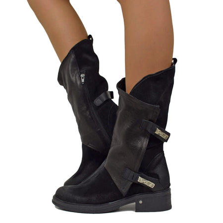 Women's Black Biker Boots in Vintage Suede Leather with Zip