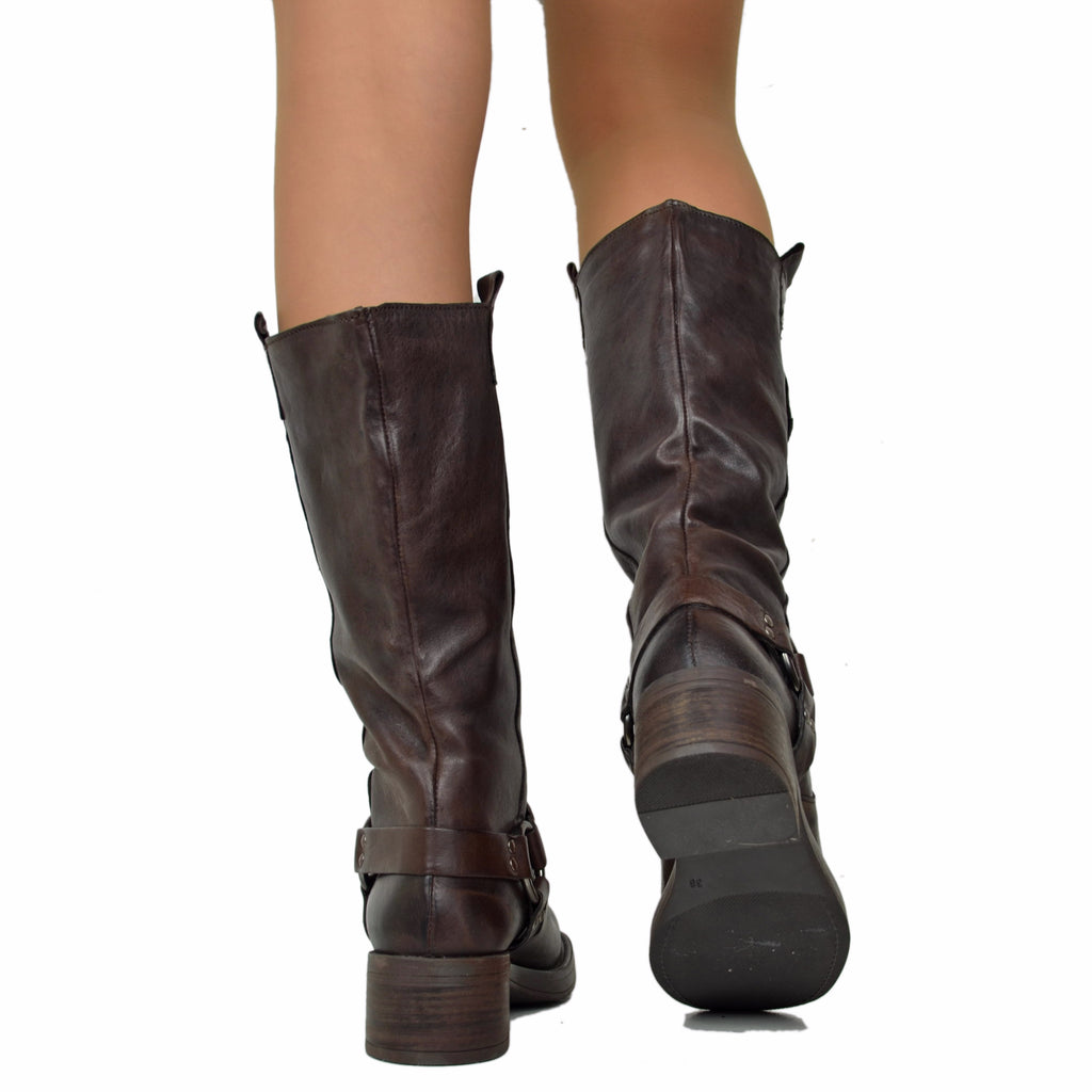 Women's Brown Biker Boots in Vintage Rag Leather with Square Toe - 2