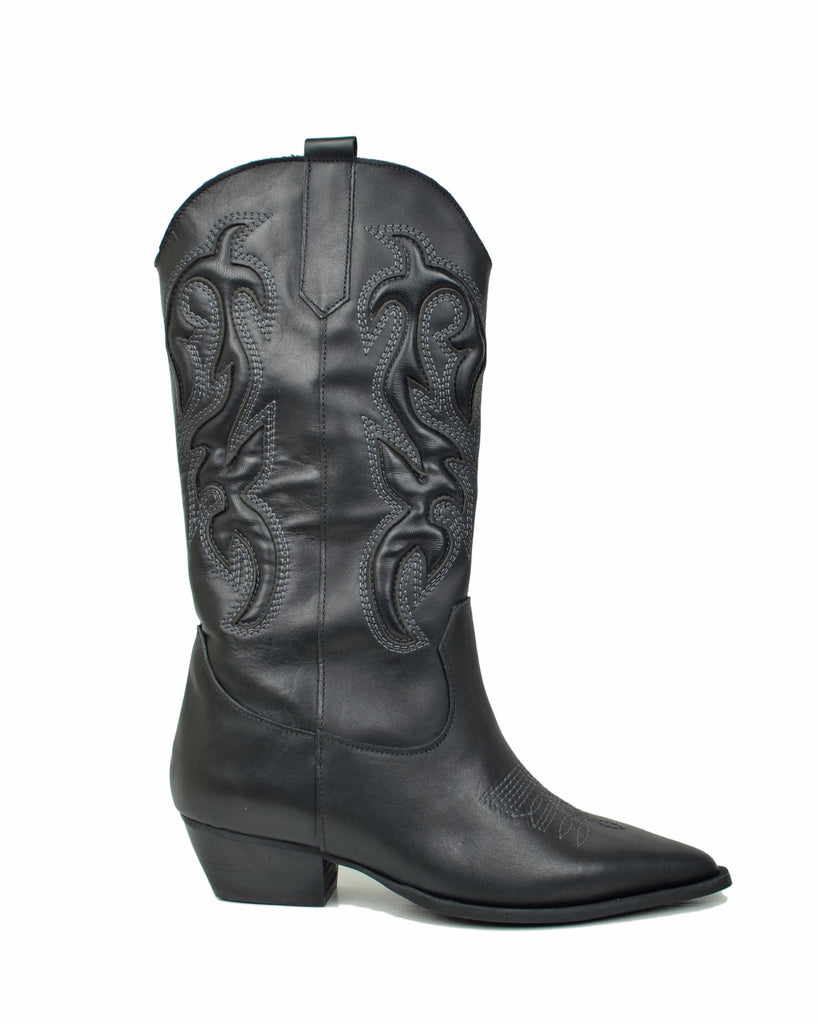 Cowboystiefel aus schwarzem Leder mit gesteppter Schaft, Herzspitze und 5 cm Absatz - 6