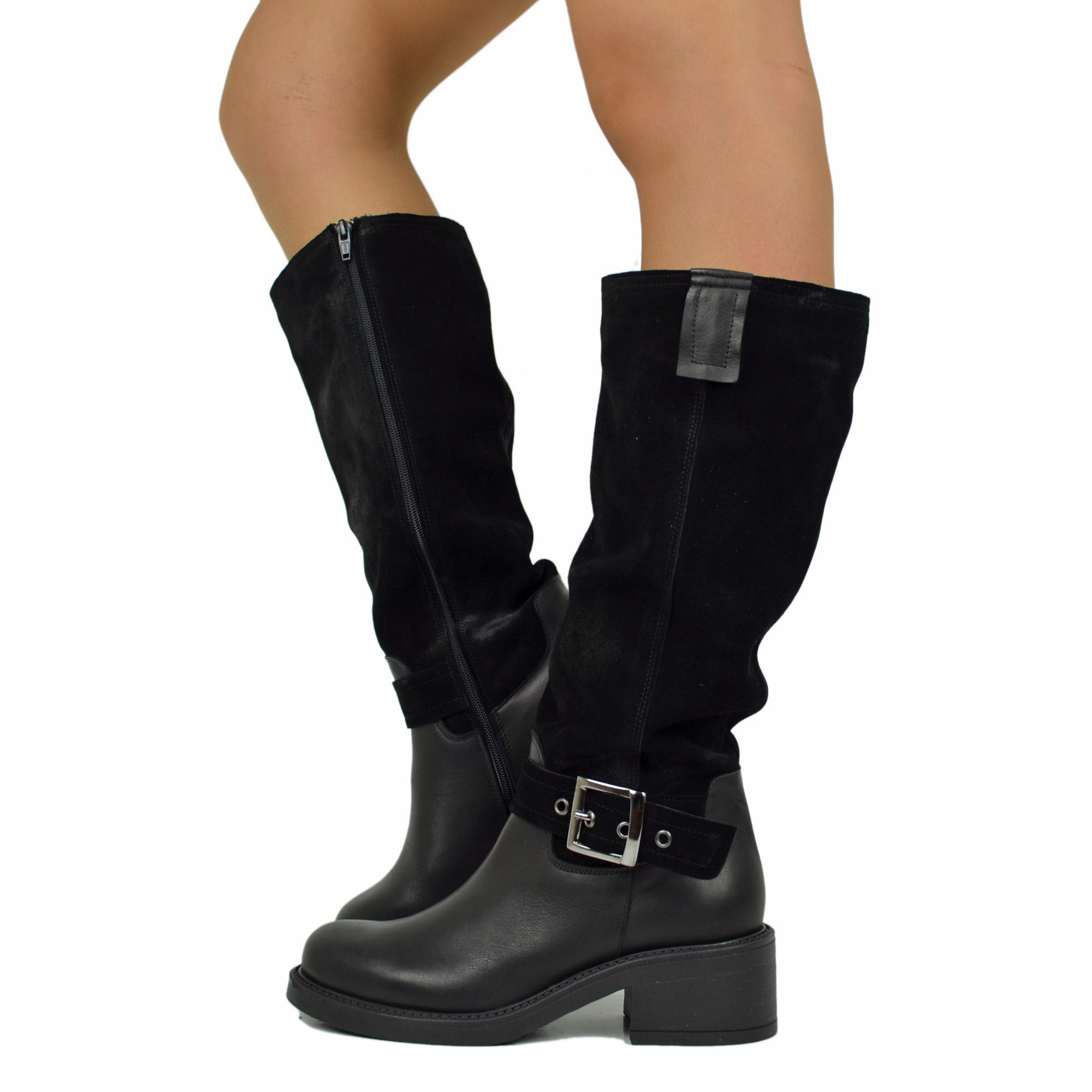 Police Boots Two-Tone Leather and Suede High Biker Sports Boots