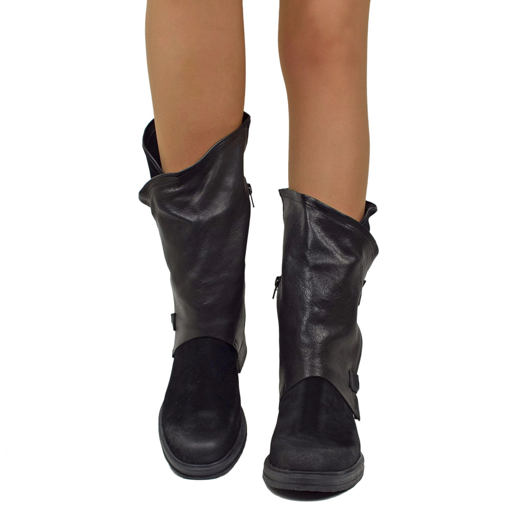 Women's Black Biker Boots in Vintage Suede Leather with Zip - 4
