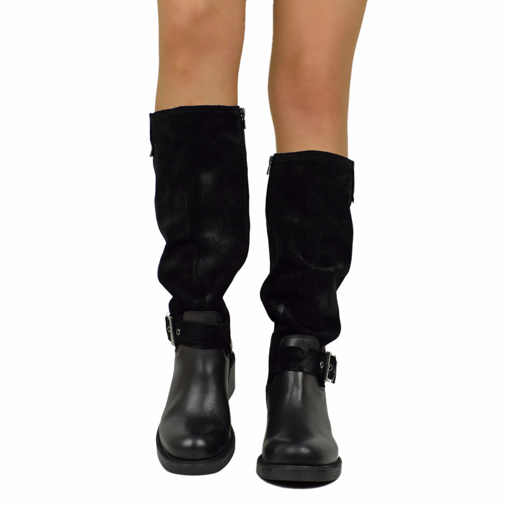Police Boots Two-Tone Leather and Suede High Biker Sports Boots Wide Heel Black - 3