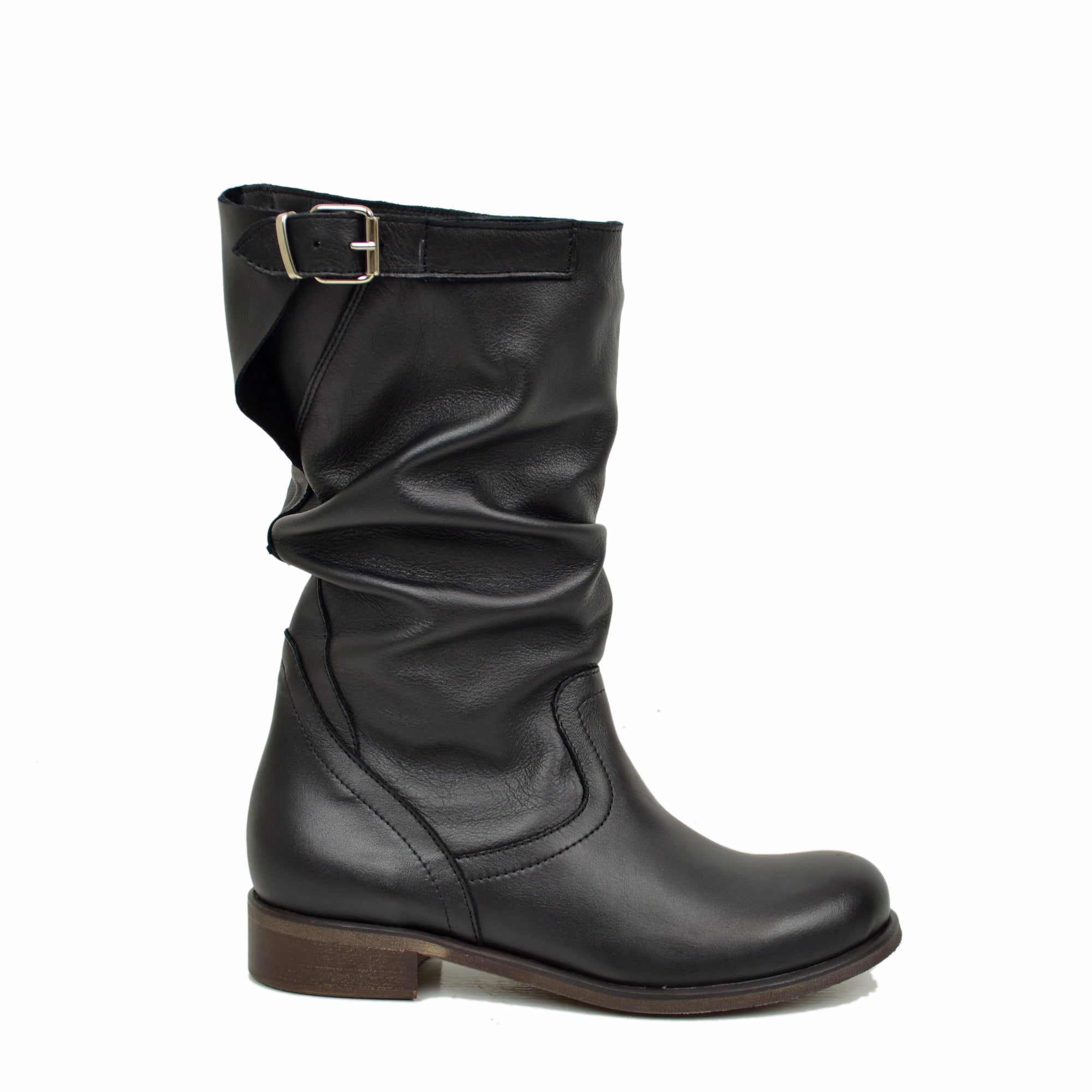 Comfortable Mid Calf Biker Boots in Genuine Black Leather