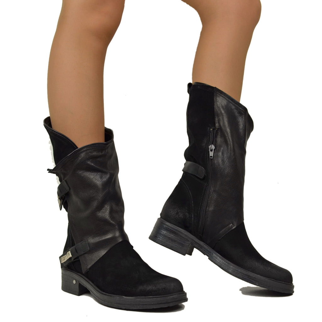 Women's Black Biker Boots in Vintage Suede Leather with Zip - 5