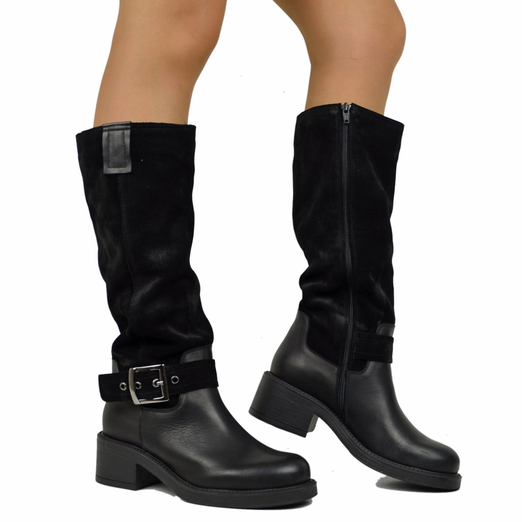 Police Boots Two-Tone Leather and Suede High Biker Sports Boots Wide Heel Black - 4