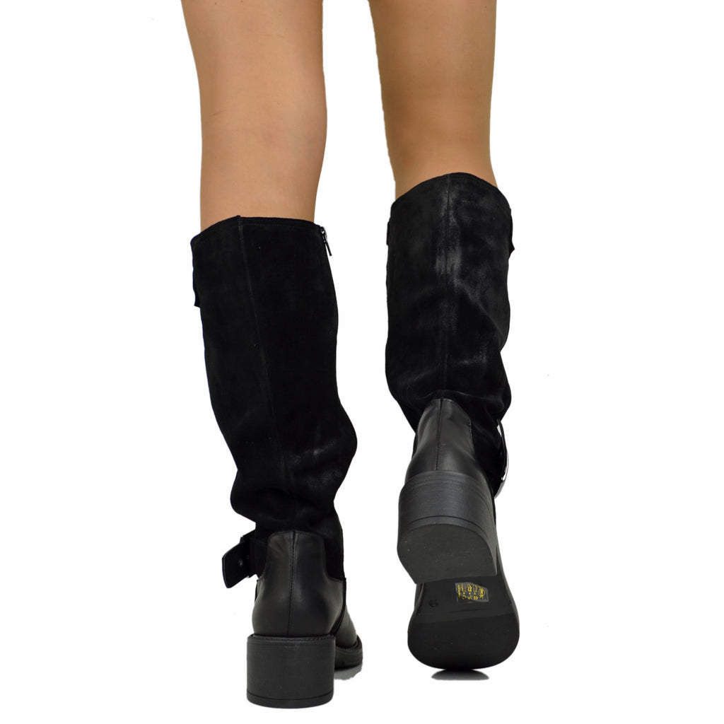 Police Boots Two-Tone Leather and Suede High Biker Sports Boots Wide Heel Black - 5