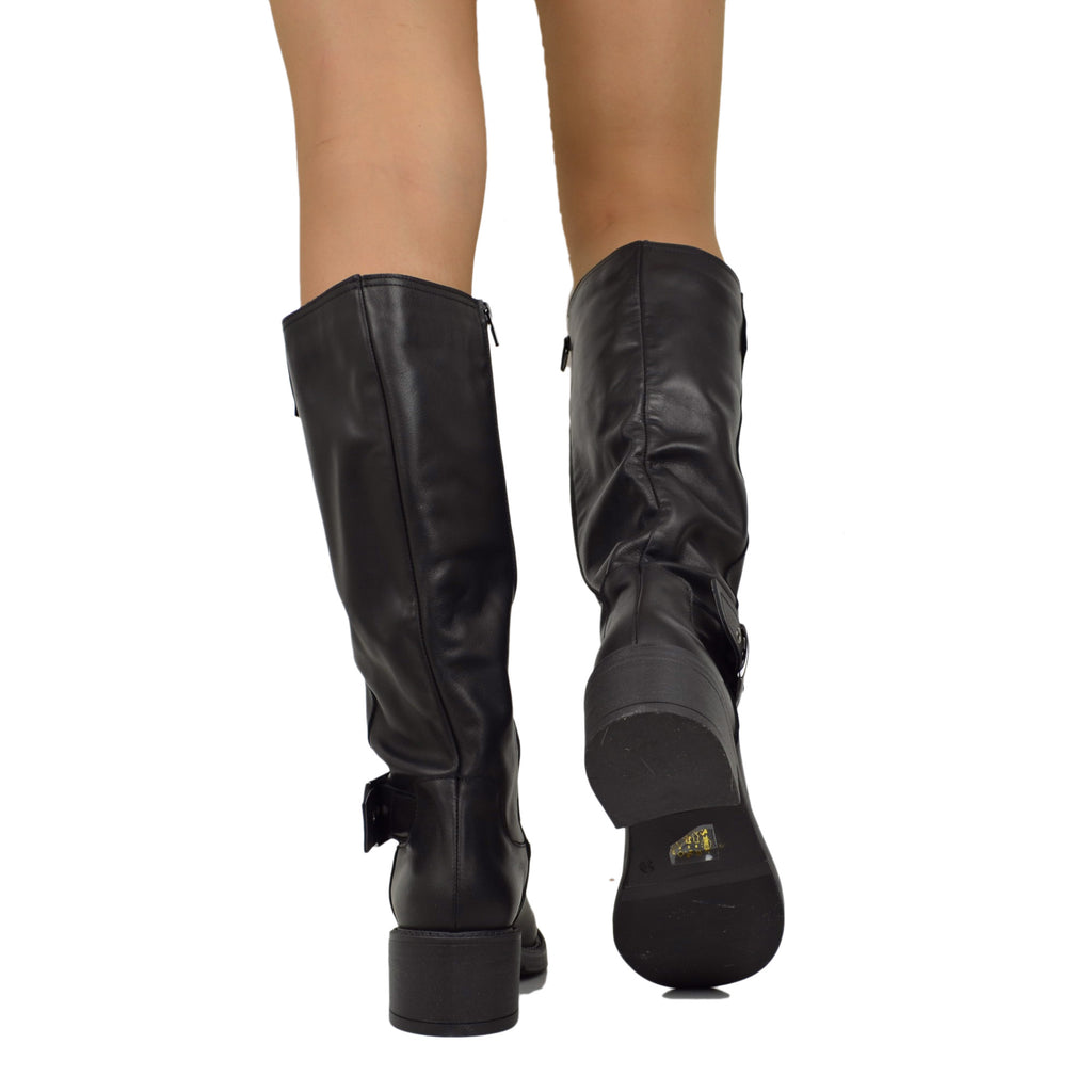 Police Motorcycle High Boots Biker Sports Genuine Leather Black Wide Heel - 3