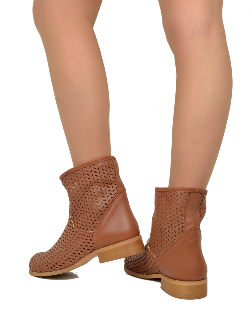 Stivaletti Donna Traforati alla Caviglia in Pelle Made in Italy Cuoio - 5