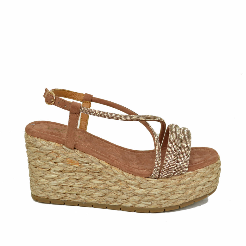 Zeppe Sandali Donna con Strass e Zeppa in Rafia Intrecciata Cuoio - 2