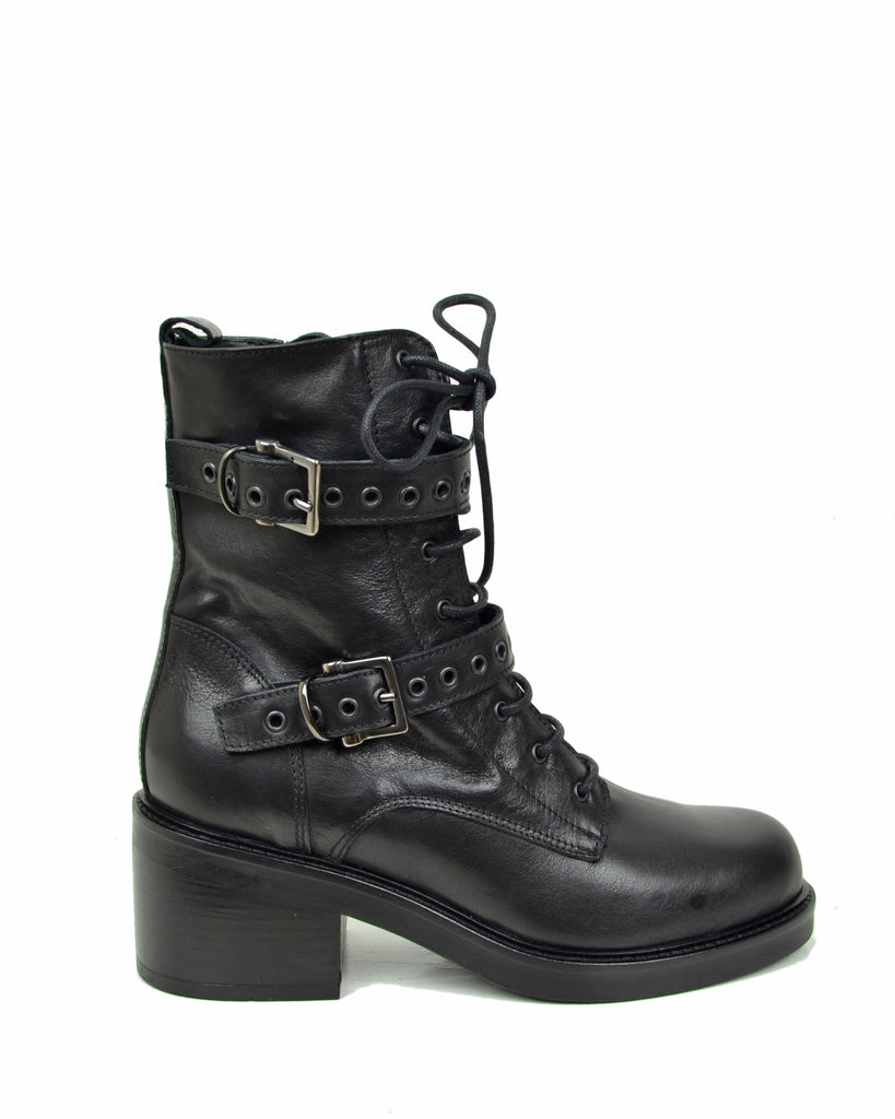 Stivaletti Frenchy Stringati French Boots Fibbie e Zip Laterale Neri Vera Pelle - 2