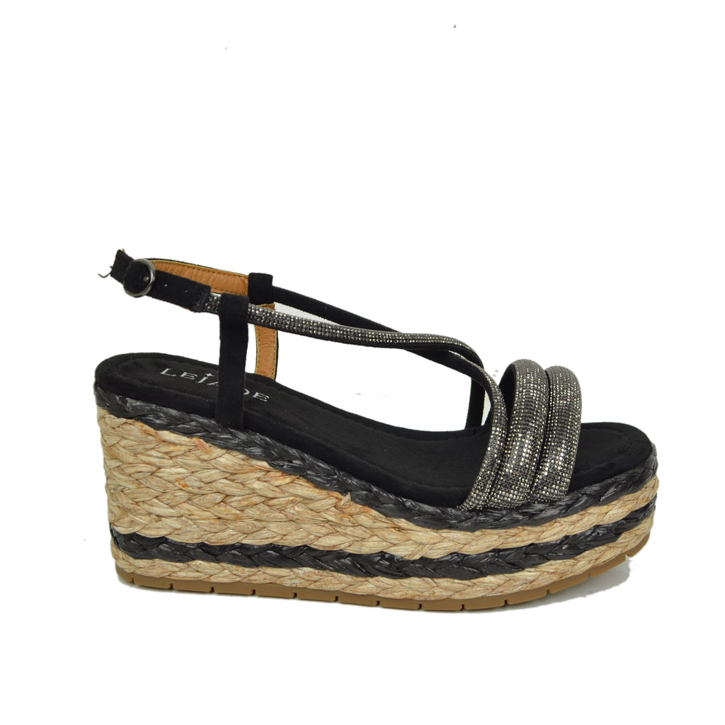 Zeppe Sandali Donna con Strass e Zeppa in Rafia Intrecciata Neri - 4