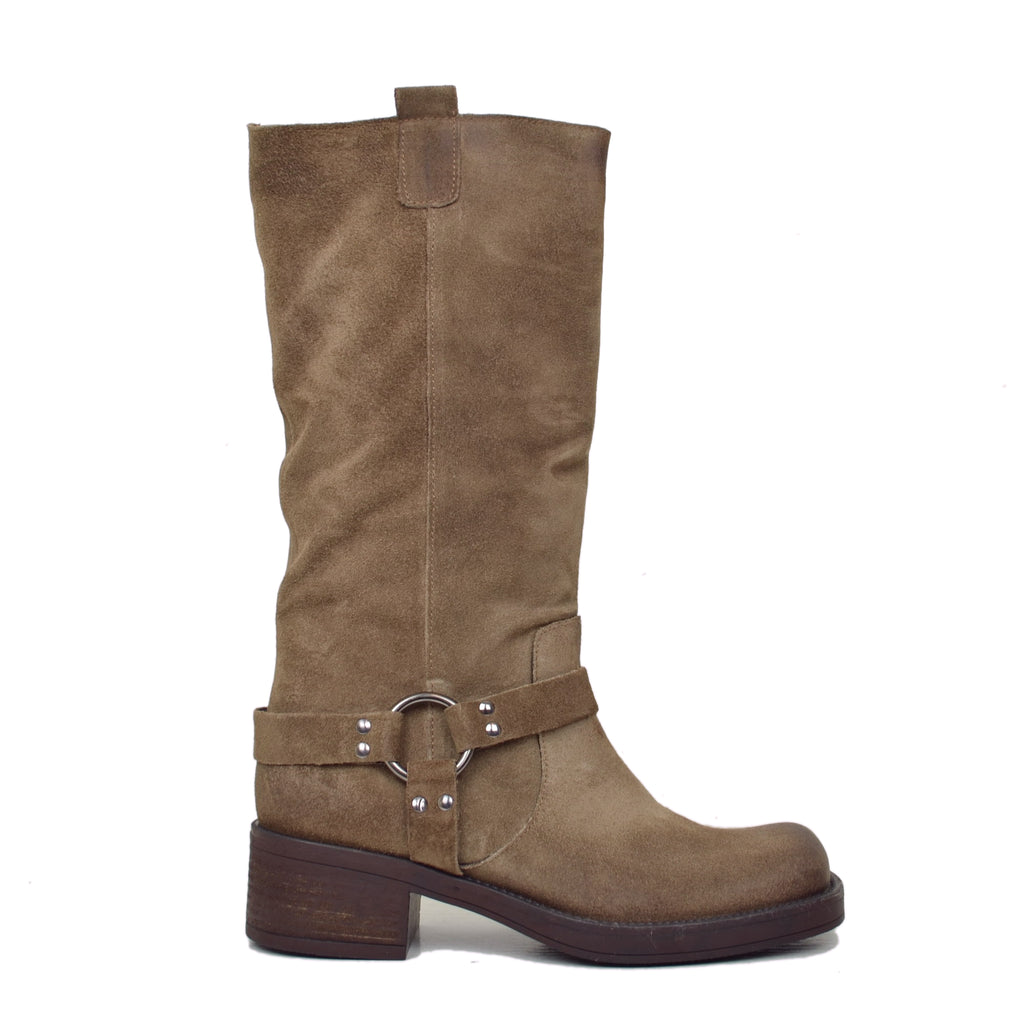 Women's Biker Boots in Suede with Square Toe Taupe - 2