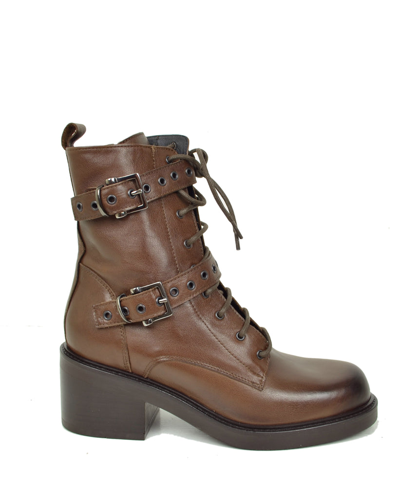 Stivaletti Frenchy Stringati French Boots Fibbie e Zip Laterale Cuoio Vera Pelle - 2