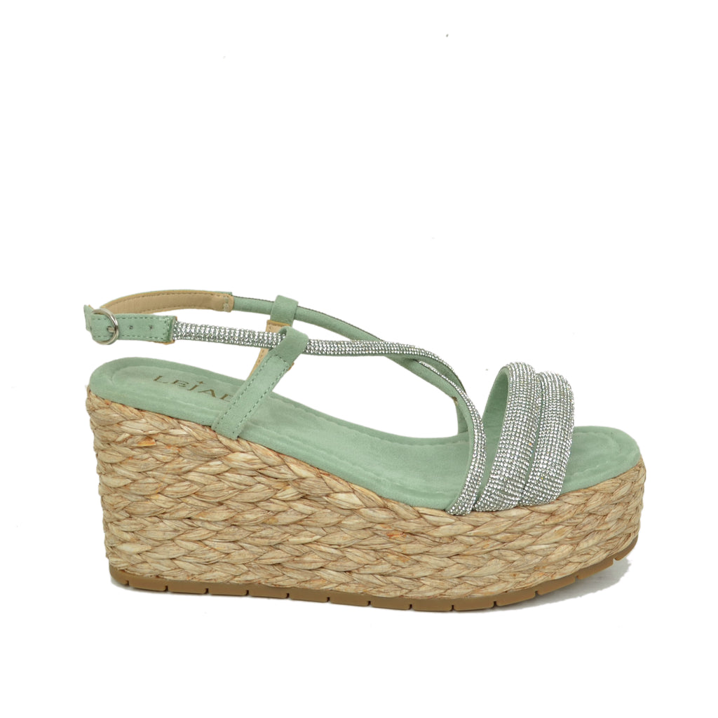 Zeppe Sandali Donna con Strass e Zeppa in Rafia Intrecciata Verde Acqua - 2