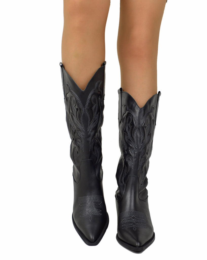 Cowboystiefel aus schwarzem Leder mit gesteppter Schaft, Herzspitze und 5 cm Absatz - 4