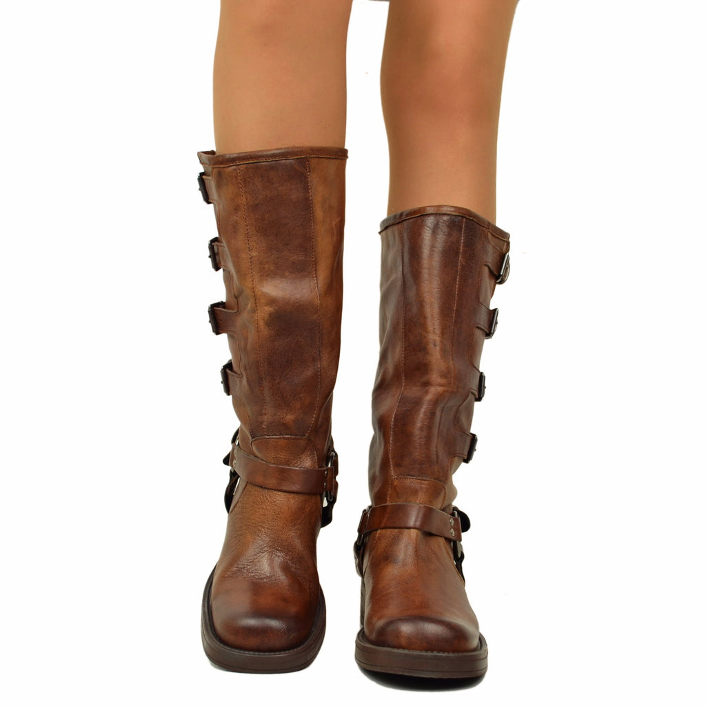 5 Buckle Biker Boots in Vintage Cacao Leather with Square Toe - 3