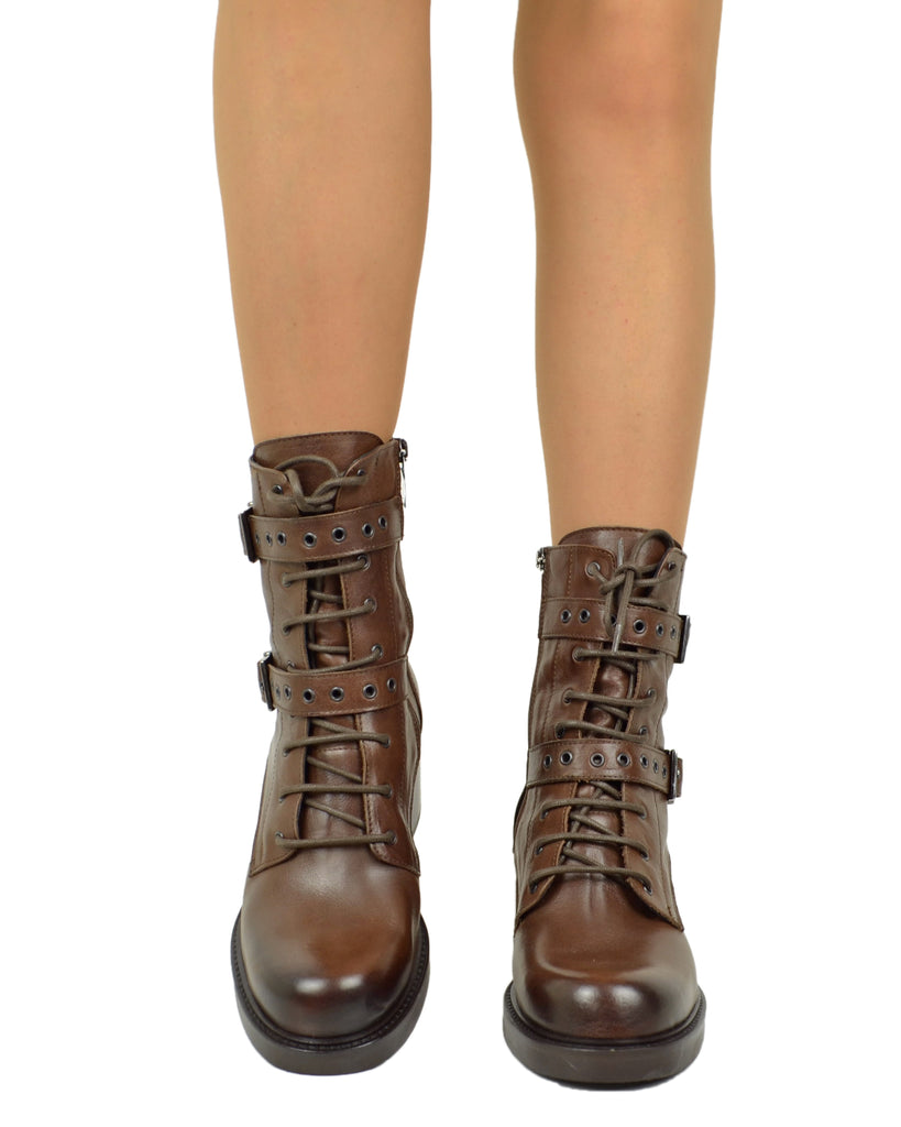 Stivaletti Frenchy Stringati French Boots Fibbie e Zip Laterale Cuoio Vera Pelle - 4