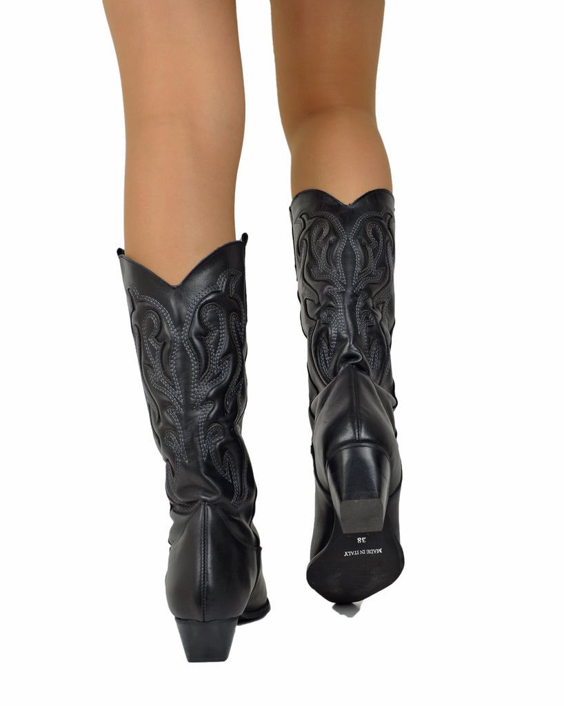 Cowboystiefel aus schwarzem Leder mit gesteppter Schaft, Herzspitze und 5 cm Absatz - 3