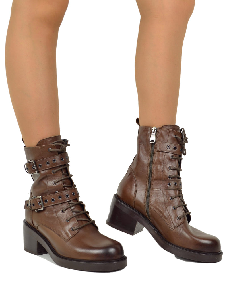 Stivaletti Frenchy Stringati French Boots Fibbie e Zip Laterale Cuoio Vera Pelle - 5