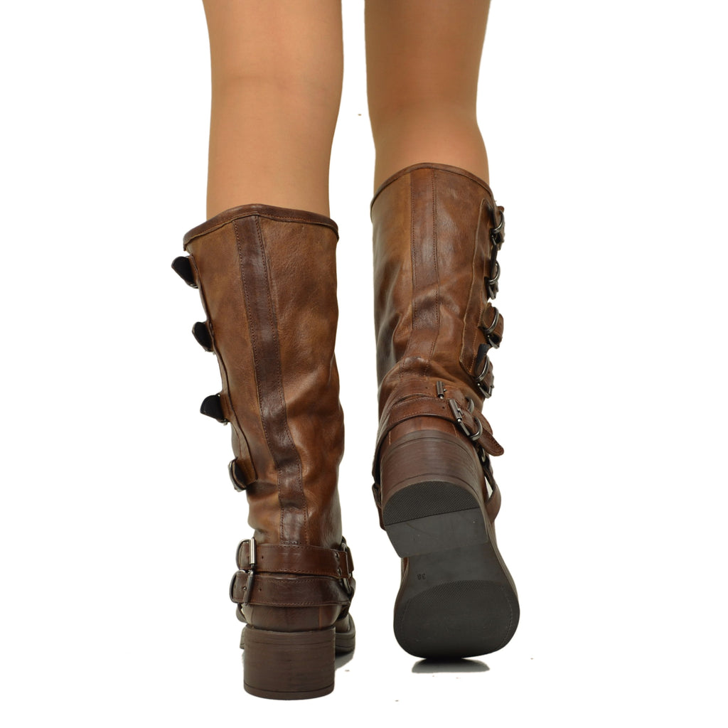 5 Buckle Biker Boots in Vintage Cacao Leather with Square Toe - 5