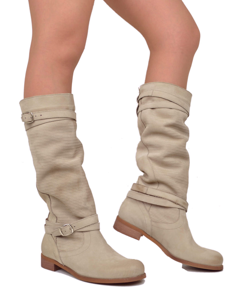 Sommer-Bikerstiefel für Damen aus gerändeltem Nubukleder in Taupe - 4