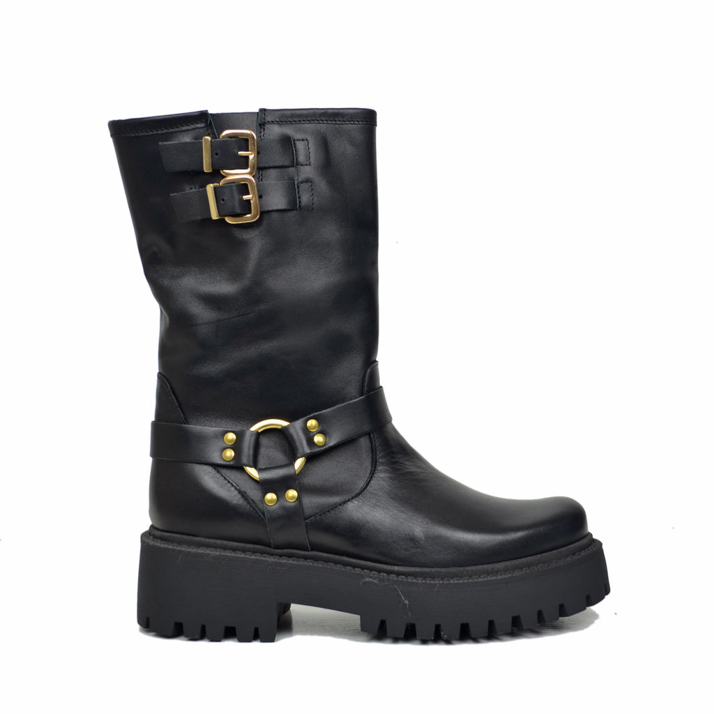 italienische Damen Biker Stiefel aus Schwarz Leder mit Schnallen - 2