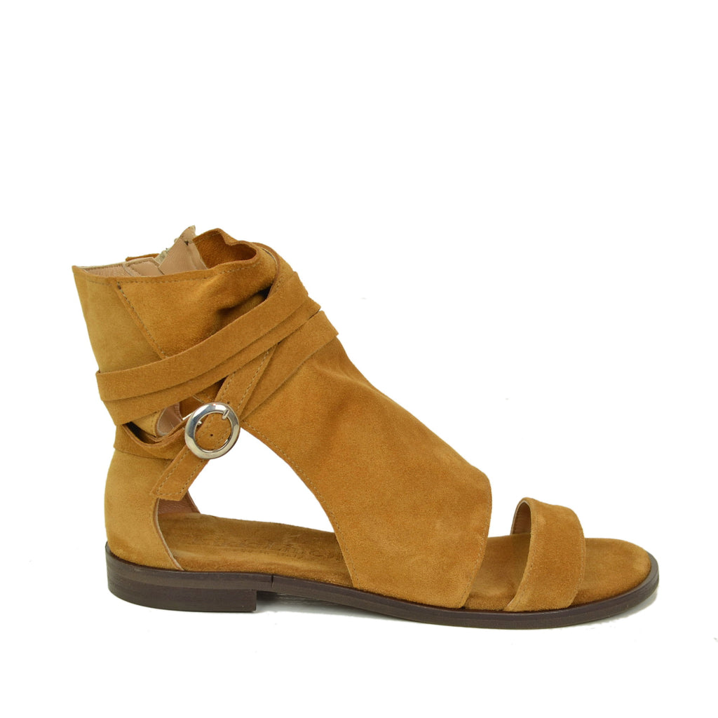 Women's Suede Leather Ankle Boot Sandals with Buckle and Zip - 2