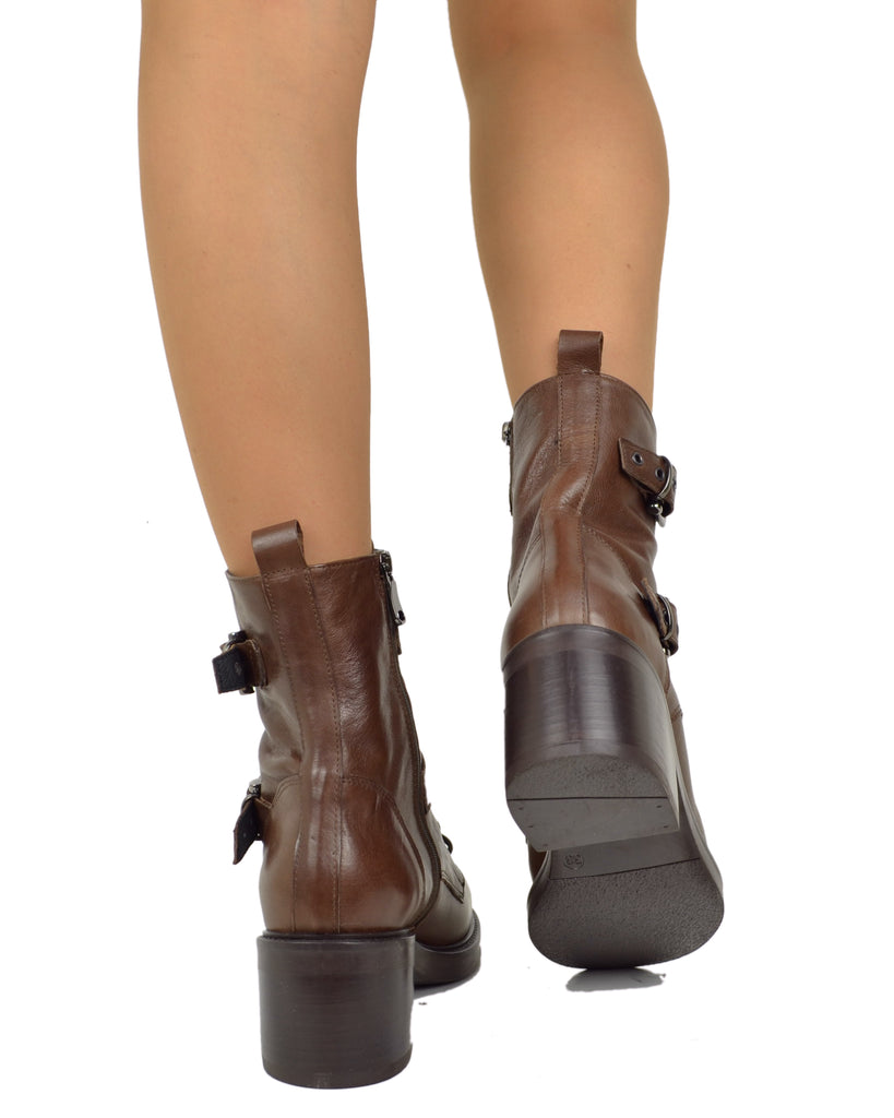 Stivaletti Frenchy Stringati French Boots Fibbie e Zip Laterale Cuoio Vera Pelle - 3