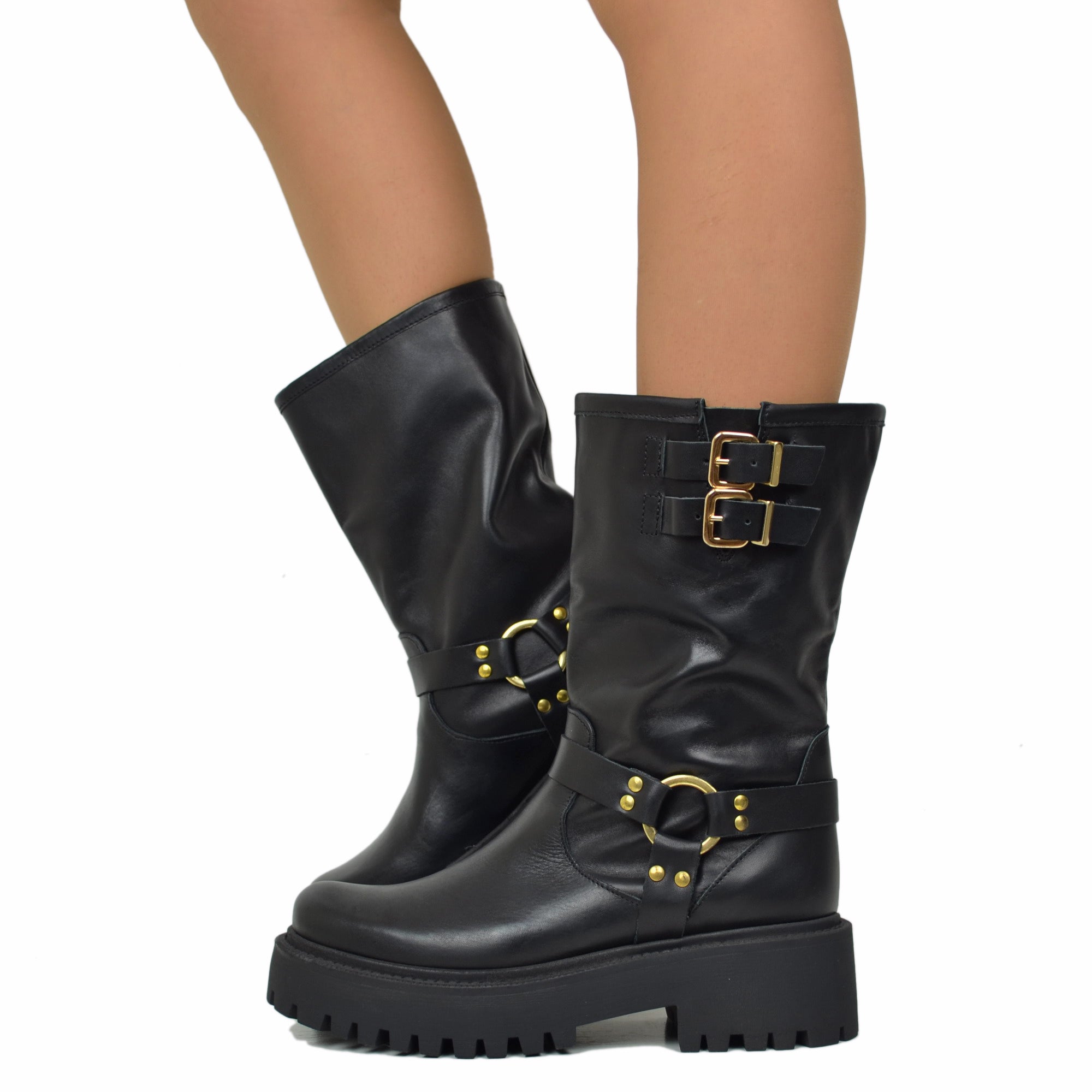 Women's Black Leather Biker Boots with Buckles Made in Italy