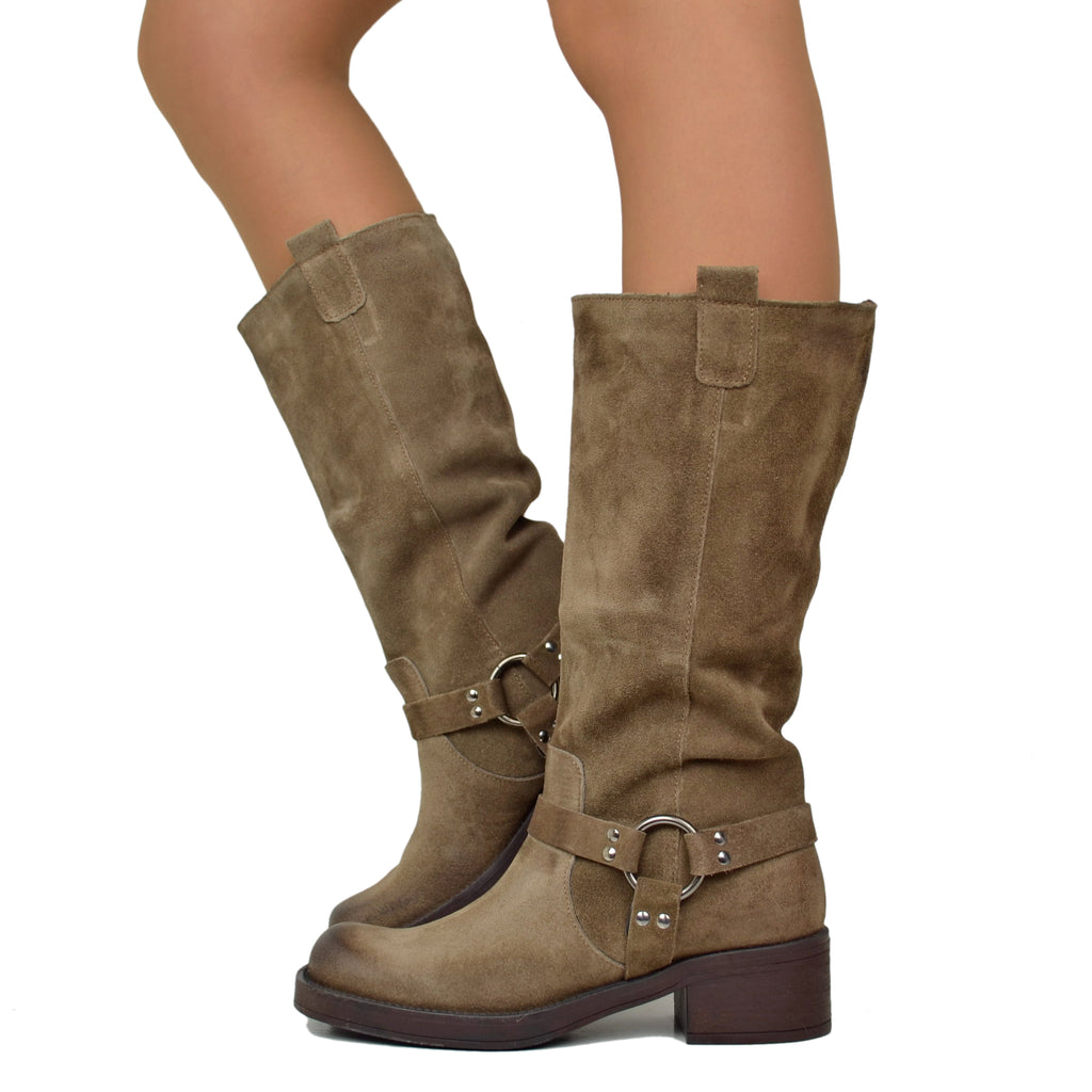 Women's Biker Boots in Suede with Square Toe Taupe