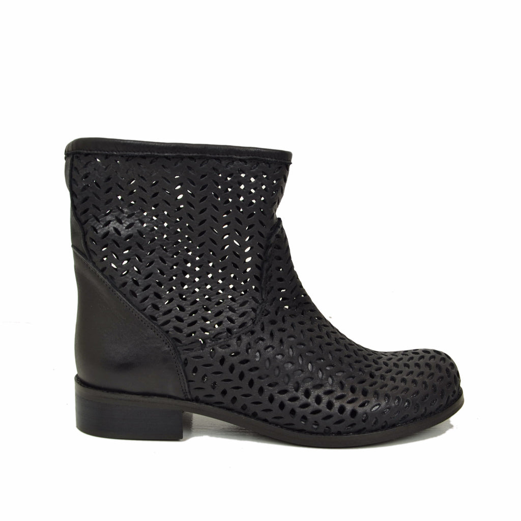 Women's Perforated Black Leather Ankle Boots Made in Italy Total Black - 2