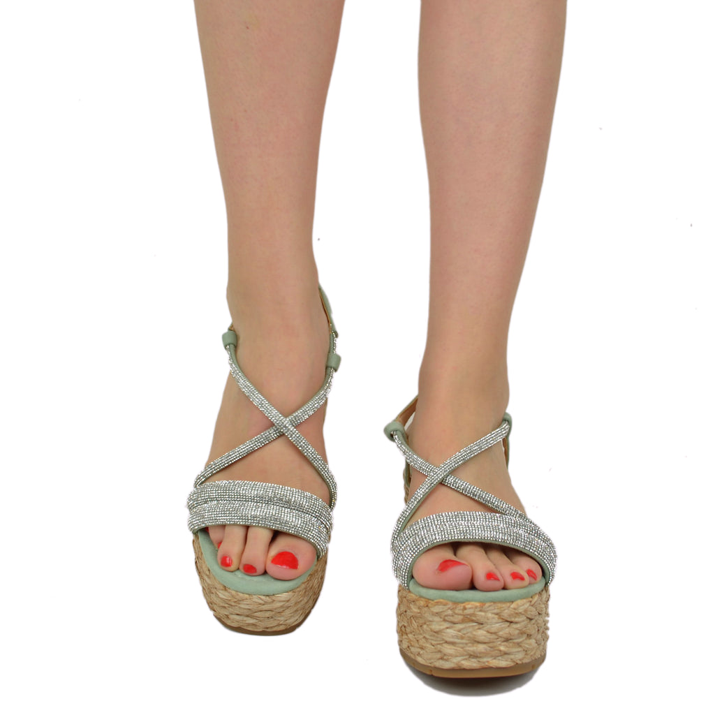 Zeppe Sandali Donna con Strass e Zeppa in Rafia Intrecciata Verde Acqua - 4