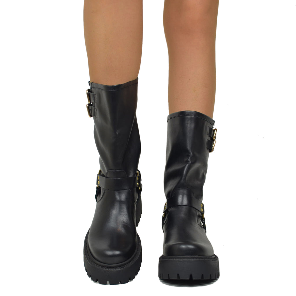 italienische Damen Biker Stiefel aus Schwarz Leder mit Schnallen - 3