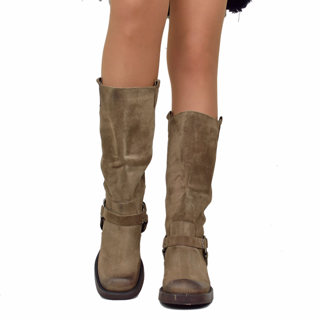 Women's Biker Boots in Suede with Square Toe Taupe - 3