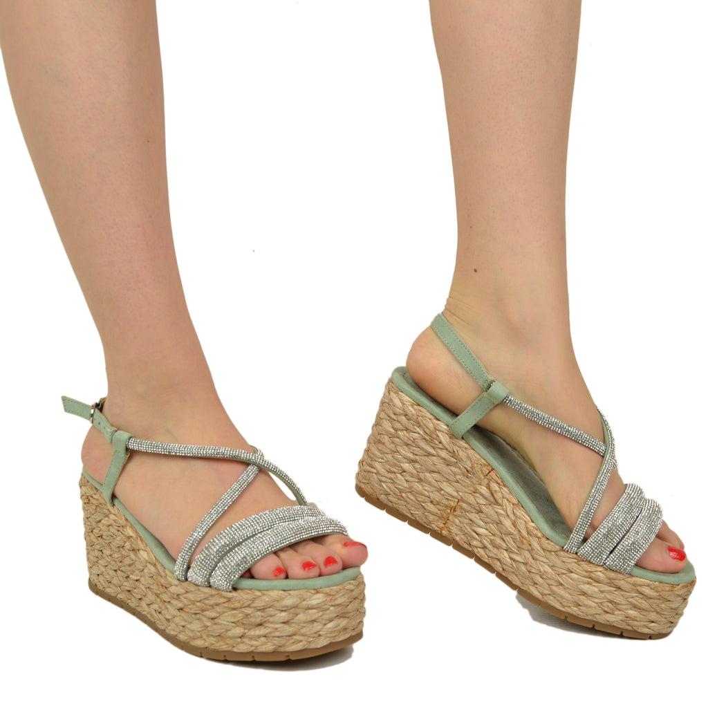 Zeppe Sandali Donna con Strass e Zeppa in Rafia Intrecciata Verde Acqua - 3