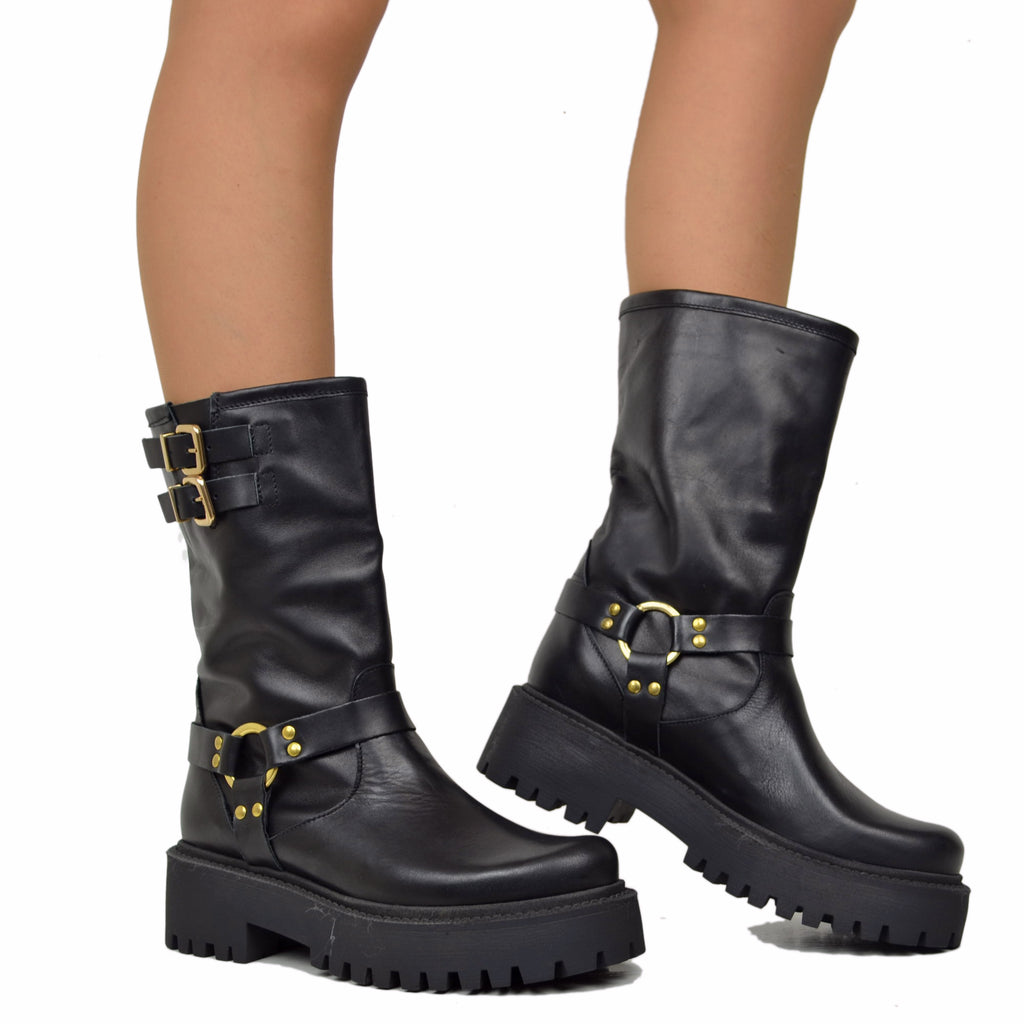 italienische Damen Biker Stiefel aus Schwarz Leder mit Schnallen - 4