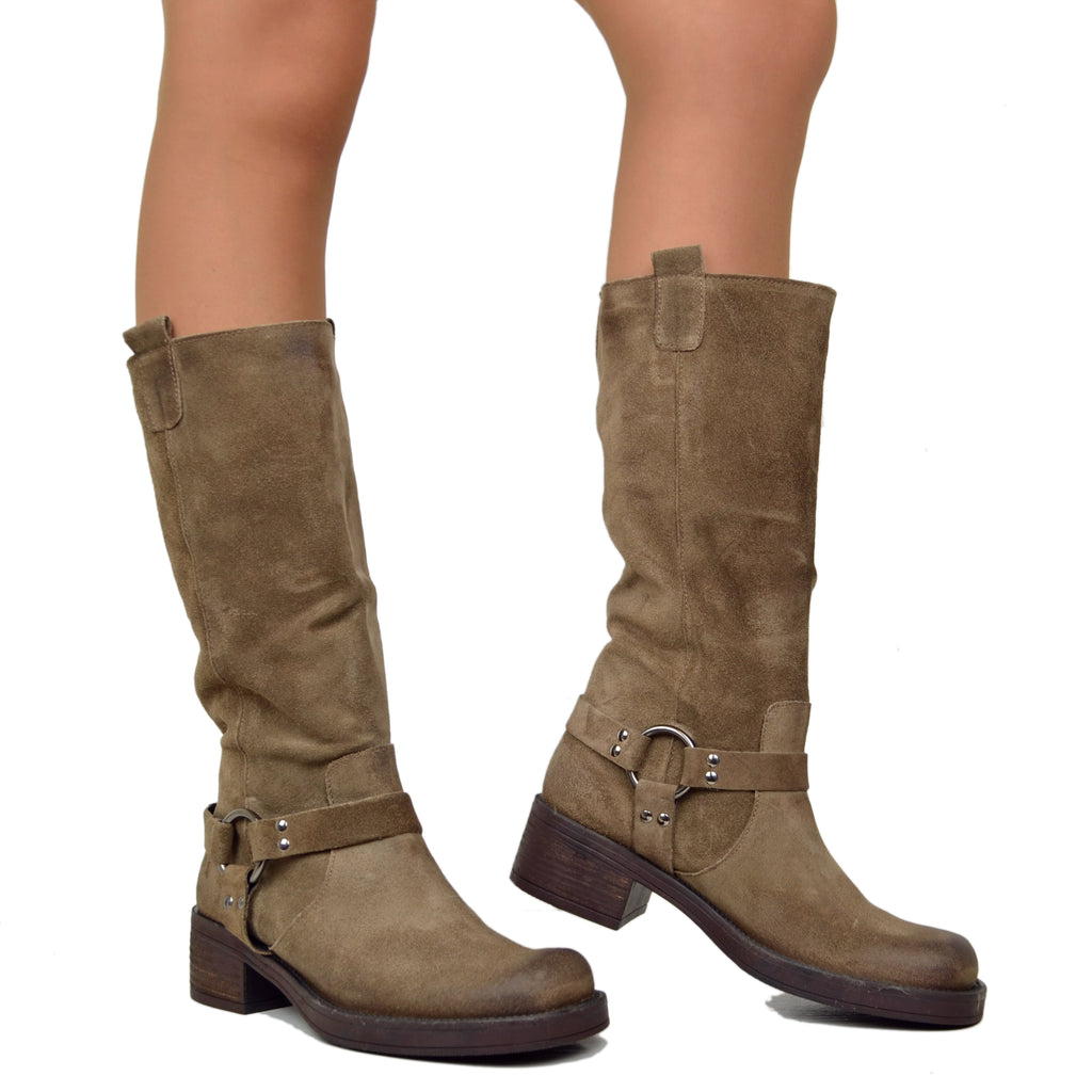Women's Biker Boots in Suede with Square Toe Taupe - 4