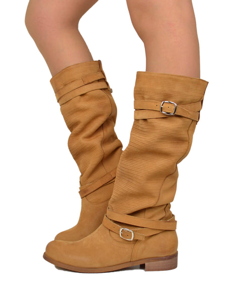 Stivali Estivi Donna in Pelle Nabuk Vintage Zigrinati Marroni