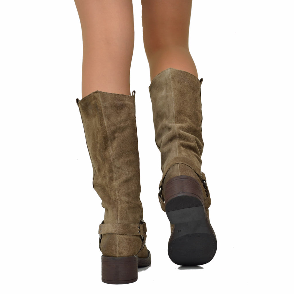 Women's Biker Boots in Suede with Square Toe Taupe - 5