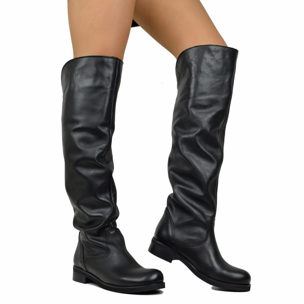 Knee-high boots in genuine leather with a soft shaft low heel and round toe - 7
