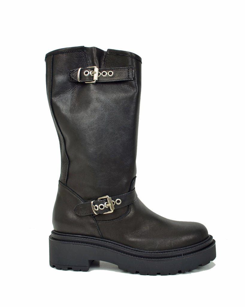 Biker Police Platform Alti Vera Pelle Stivali Moto Total Black Neri - 6