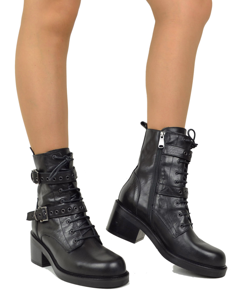 Stivaletti Frenchy Stringati French Boots Fibbie e Zip Laterale Neri Vera Pelle - 3