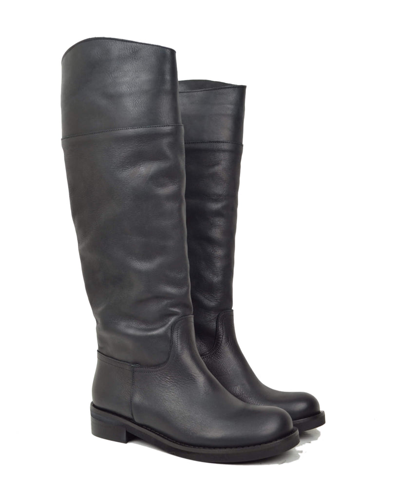 Stivali Alti Semplici Cavallerizza Semirigido Pelle Vintage Naturale Nero - 2