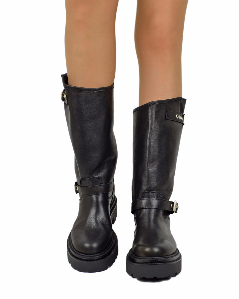 Biker Police Platform Alti Vera Pelle Stivali Moto Total Black Neri - 4